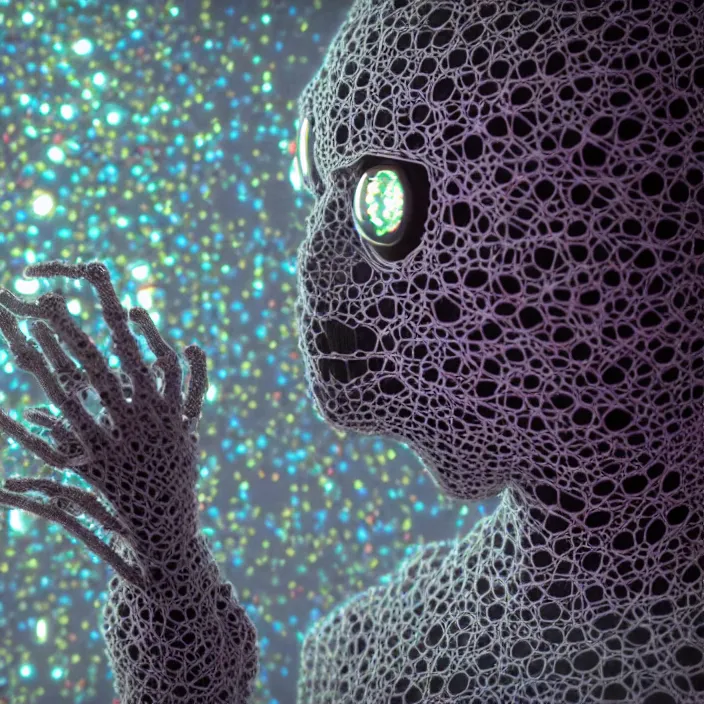 Image similar to a cybernetic symbiosis of a single astronaut mech-organic eva suit made of pearlescent wearing knitted shiny ceramic multi colored yarn thread infected with diamond 3d fractal lace iridescent bubble 3d skin dotted covered with orb stalks of insectoid compound eye camera lenses floats through the living room, film still from the movie directed by Denis Villeneuve with art direction by Salvador Dalí, wide lens,kevlar,carbon fiber,ceramics,gaseous materials,