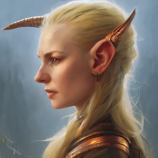 Prompt: A head-on detailed oil portrait of a pretty elf woman with small curly copper horns on her forehead, long blonde hair and bright irises, by greg rutkowski, trending on artstation, dungeon and dragons art