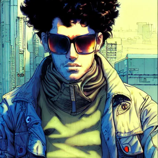 Image similar to a cyberpunk image of a curly-haired persian guy by masamune shirow