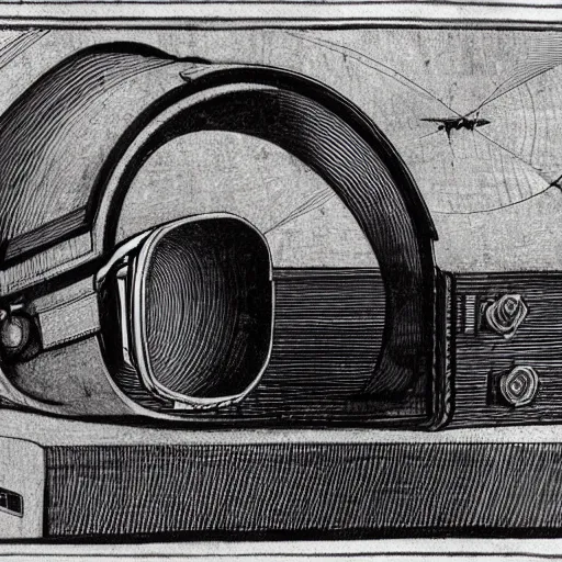 Image similar to Vintage, detailed, sketch of Oculus Rift, with full descriptions, on parchment, as depicted in Leonardo da Vinci's Codex Atlanticus