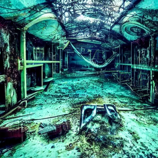 Prompt: abandoned rusty underwater theme park, surreal, horror, eerie, creepy, murky water, underwater, underwater photography,