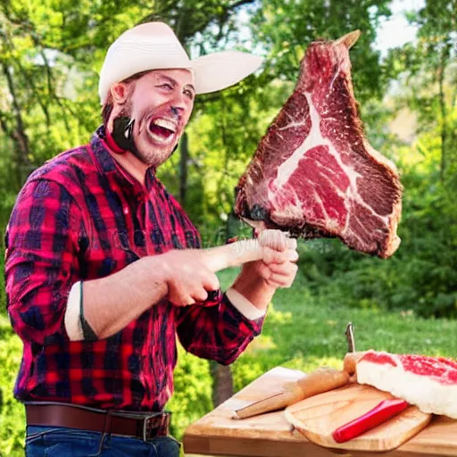 Image similar to man with whole tomahawk steak stuck between his teeth stock photo