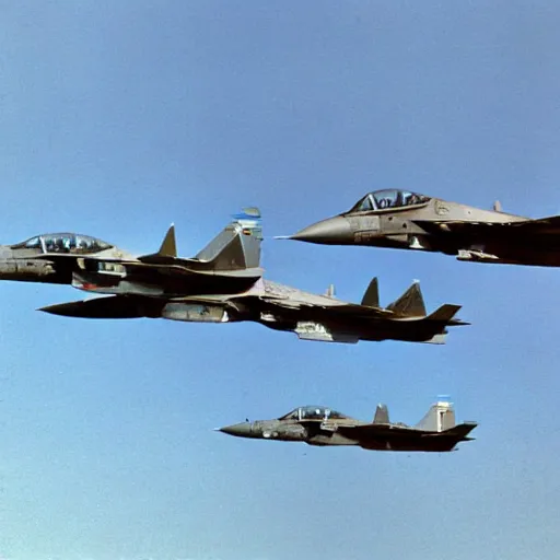 Prompt: a group of 8 su-27s flying over desert storm