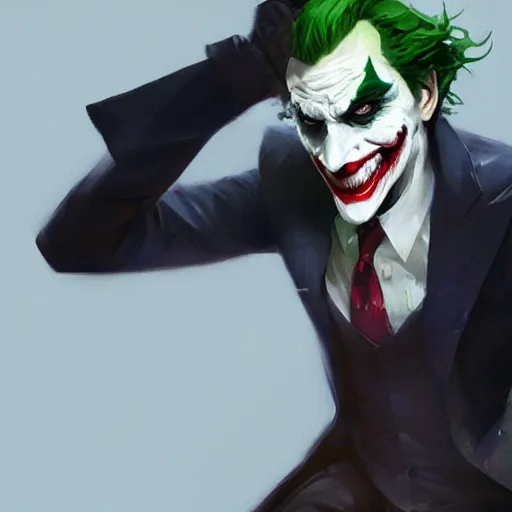 Prompt: joker, full body, dynamic pose, painted by greg rutkowski