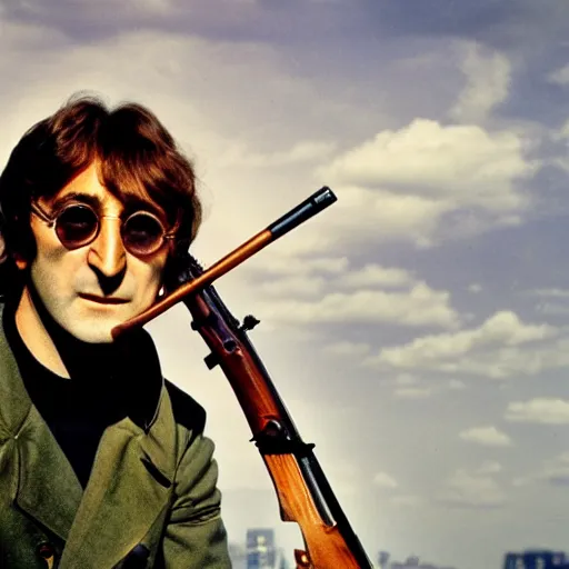 Image similar to john lennon looking down a sniper rifle, city background, photography, high quality, 8 k,