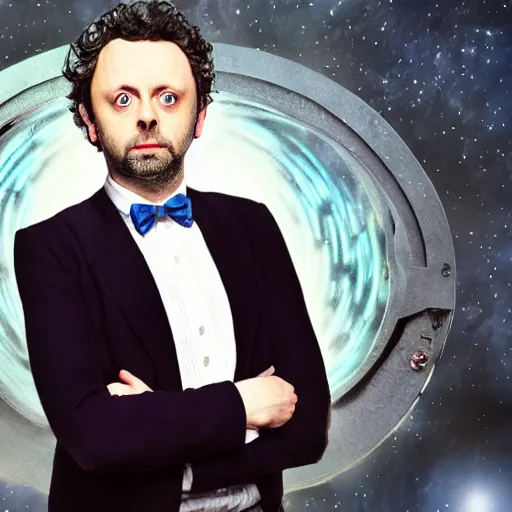 Image similar to a full body photograph of michael sheen as'doctor who ', time vortex in the background, detailed face, symmetrical face, extreme realism and detail, 8 k, completely framed, direct lighting, 3 5 mm photo, photorealistic, sharp focus