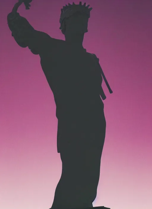 Prompt: elegant dark design poster showing a statue of julius caesar, black background with very subtle red and purple design elements, powerful, vito acconci, thin straight purple lines, dark, glitch art, neo vaporwave, gritty, layout frame, square, trending on artstation