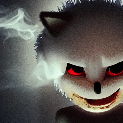Prompt: sonic the hedgehog, smiling, unnatural grin, horror, creepy, smoke, black, dark, glow