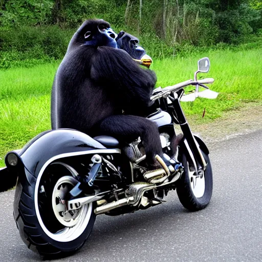 Prompt: gorilla on a Harley Davidson on the road, funny picture