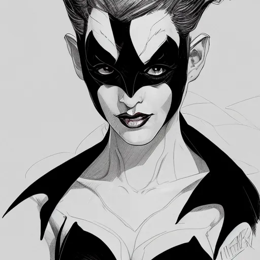 Prompt: 3 / 4 view of a portrait of bat woman with bat wings, confident pose, pixie, genshin impact,, intricate, elegant, sharp focus, illustration, highly detailed, concept art, matte, trending on artstation, marvel comics h 6 4 0