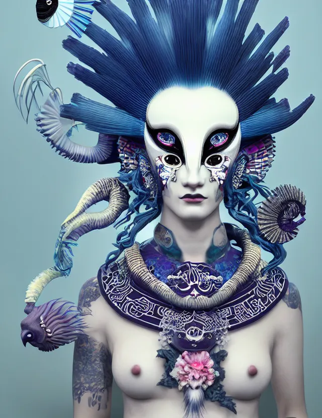 Image similar to 3 d goddess close - up profile portrait punk with mohawk with ram skull. beautiful intricately detailed japanese crow kitsune mask and clasical japanese kimono. betta fish, jellyfish phoenix, bio luminescent, plasma, ice, water, wind, creature, artwork by tooth wu and wlop and beeple and greg rutkowski