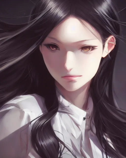 Image similar to An anime portrait of a beautiful girl with long black hair wearing a white blouse, by Stanley Artgerm Lau, WLOP, Rossdraws, James Jean, Andrei Riabovitchev, Marc Simonetti, and Sakimichan, tranding on artstation