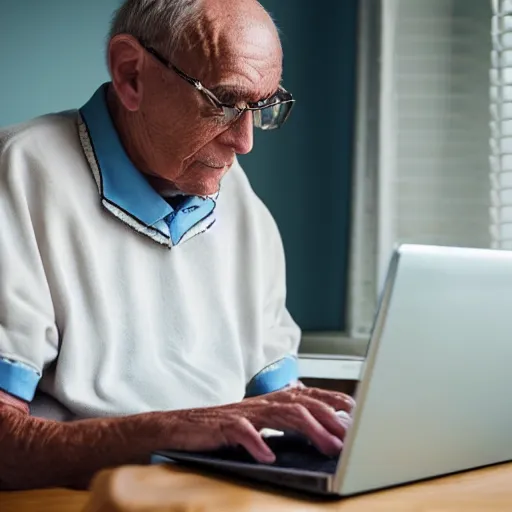 Image similar to elderly man sitting in a casket browsing internet on laptop from a casket casket