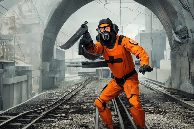 Image similar to vfx movie closeup real life gordon freeman holding wearing futuristic armor, half life logo on chest, crowbar in russian train yard, futuristic white swat team in gas masks approaching by emmanuel lubezki