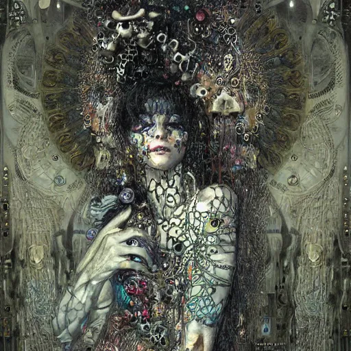 Image similar to depraved cybernetic demon, lsd, circuitry, intricate detail, klimt, royo,