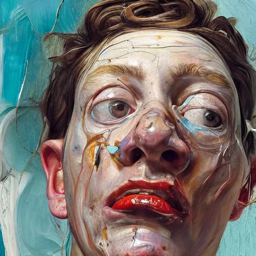 Image similar to high quality high detail painting by lucian freud and jenny saville, hd, madness, turquoise