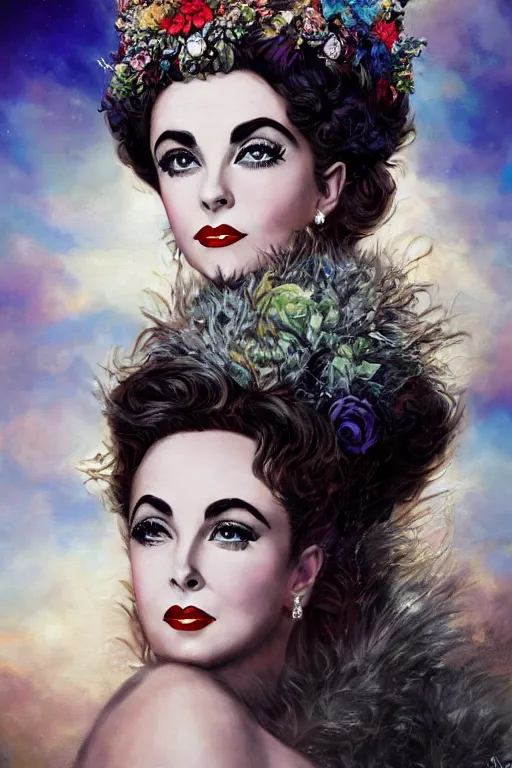 Image similar to center portrait fine art photo of the beauty princess elizabeth taylor, dramatic pose she has a crown of stunning flowers and fur stole and black dress gemstones, realistic eyes, background full of stormy clouds, by peter mohrbacher