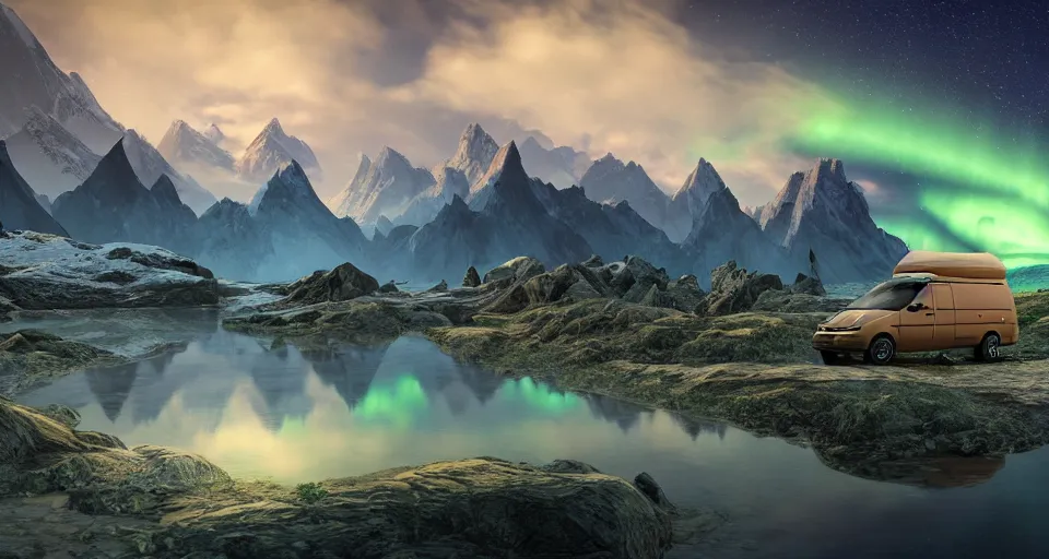 Prompt: An epic fantasy style landscape painting of a Mountainrange and a lake, with a starry sky with the milkyway and breathtaking aurora and a beige Volkswagen Caddy Campervan 4x4, a glacier is viewable in the distance, unreal 5, DAZ, hyperrealistic, octane render, volumetric clouds, dynamic lighting