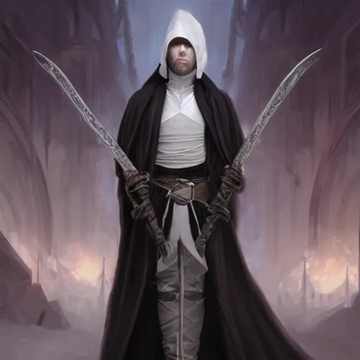Image similar to male rogue in black robes, pale white skin, standing alone on a ship, fantasy, D&D, portrait, piercing stare, highly detailed, digital painting, HD, artstation, concept art, matte, sharp focus, illustration, art by artgerm and greg rutkowski