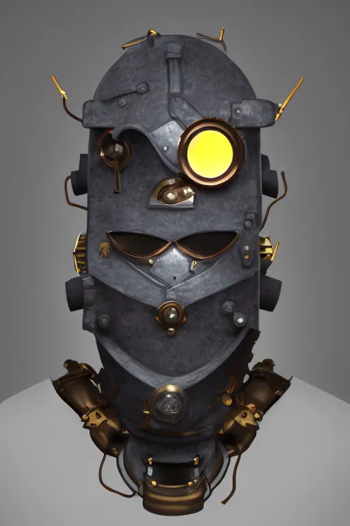 Image similar to steampunk mask minimalist fantasy art robot ninja helmet, global illumination ray tracing hdr fanart arstation by sung choi and eric pfeiffer and gabriel garza and casper konefal radiating a glowing aura