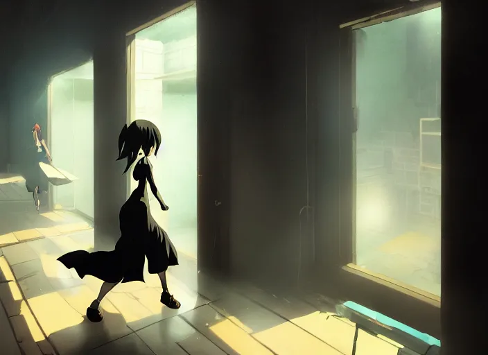 Image similar to a tall matte black creature running after a man the backrooms, yellow wallpaper, florecent lights on the ceiling, wet carpet, liminal space, by makoto shinkai an krenz cushart