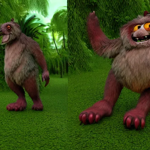 Prompt: fur full body monster, rainforest, 3d, rendering, pixar style