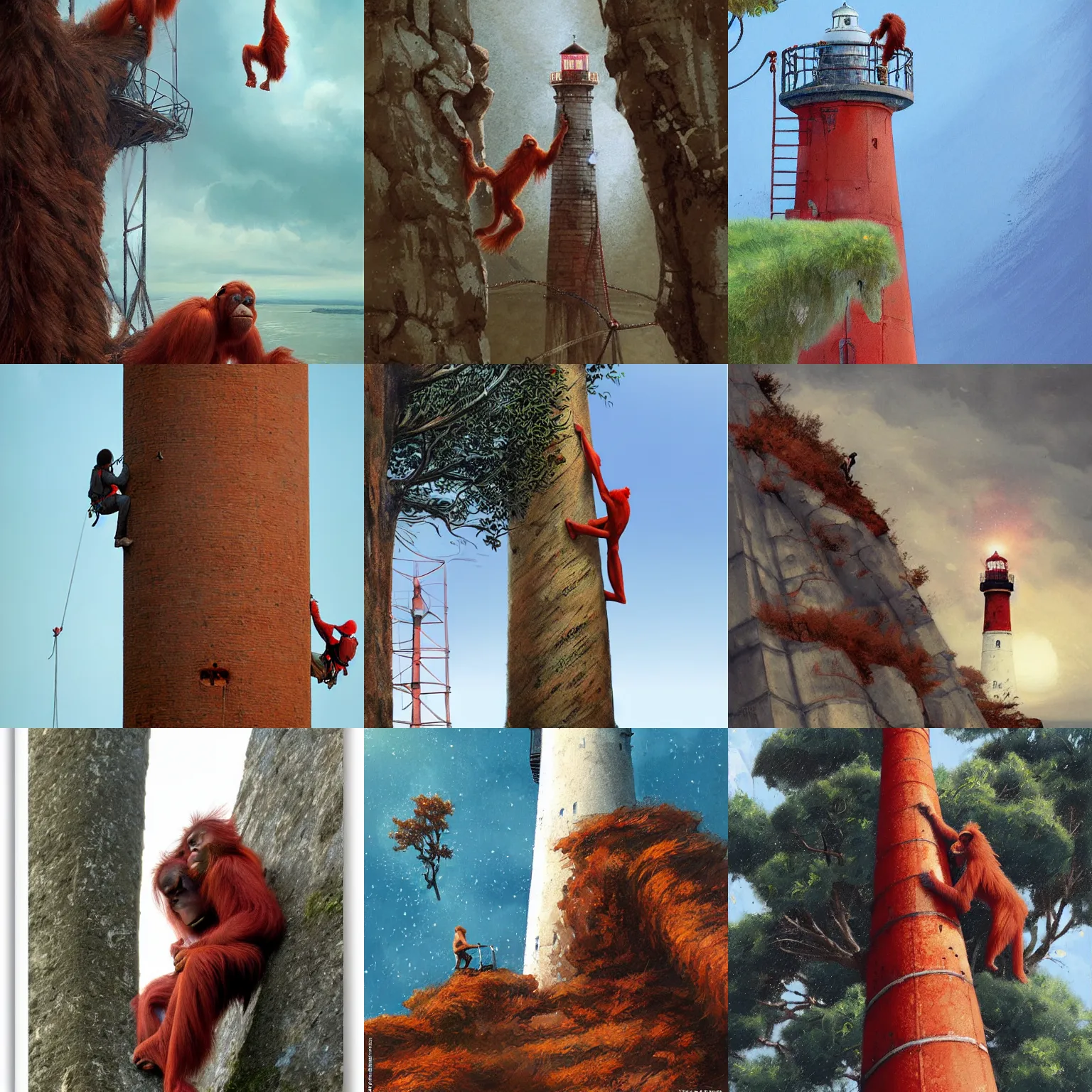 Prompt: red orangutan as climber, climbing on the lighthouse as tree by greg rutkowski