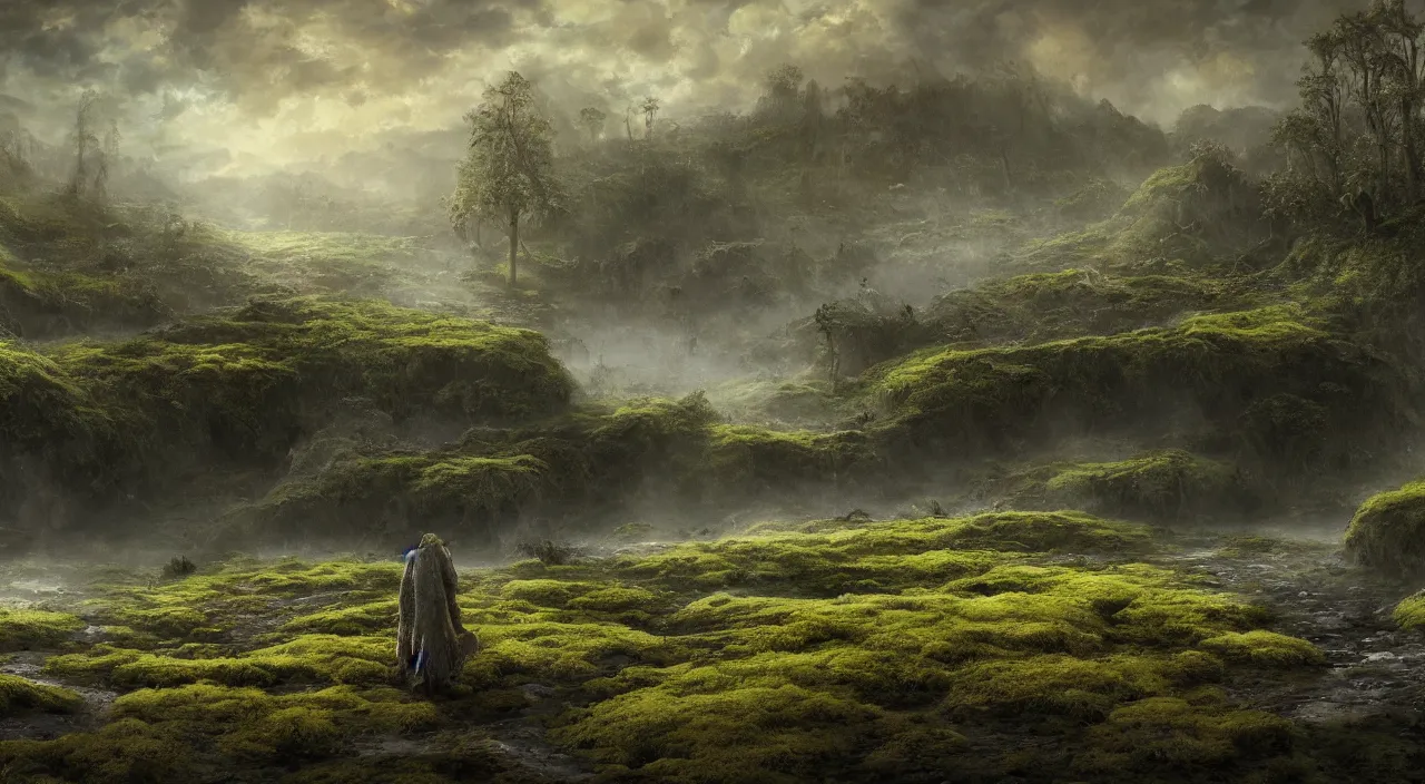 Image similar to Scene of a giant 65 year-old Gaia covered in moss, crying softly and humbly while crossing a dried up river in a panorama of a desolate land, highly-detailed, elegant, dramatic lighting, artstation, 4k, cinematic landscape