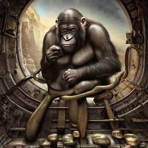 Image similar to Steam computer in ancient time surrounded by apes, highly detailed, highly realistic, artstation, by Hans Giger