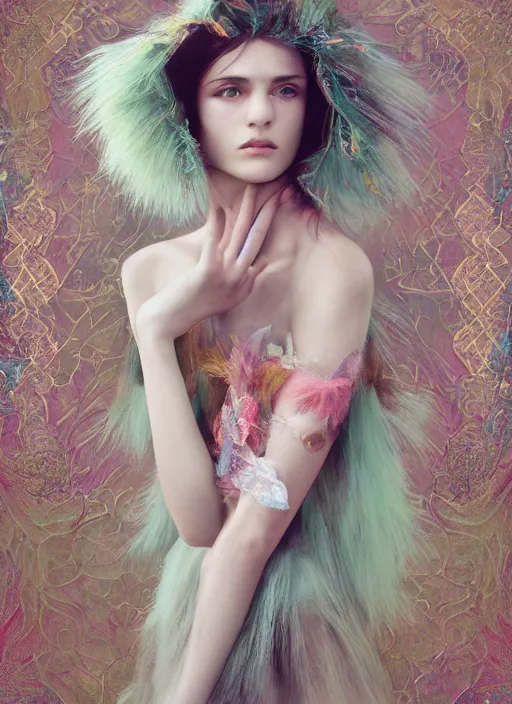 Image similar to Kodak Portra 400, 8K, soft light, volumetric lighting, highly detailed, fine art portrait photography in style of Paolo Roversi, britt marling style 3/4 face morphing with tropical pastel colors fishes, metamorphosis complex 3d render , 150 mm lens, art nouveau fashion embroidered, intricate details, elegant, hyper realistic, ultra detailed, octane render, etheric, outworldly colours, emotionally evoking, head in focus, fantasy, ornamental, intricate, elegant, 8K, soft light, volumetric lighting, highly detailed, Refined, Highly Detailed, soft lighting colors scheme, fine art photography, Hyper realistic, photo realistic