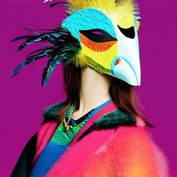 Prompt: model in plastic bird mask with feathers wearing baggy colorful 9 0 s jacket by rick owens. magazine ad. pastel brutalist background.