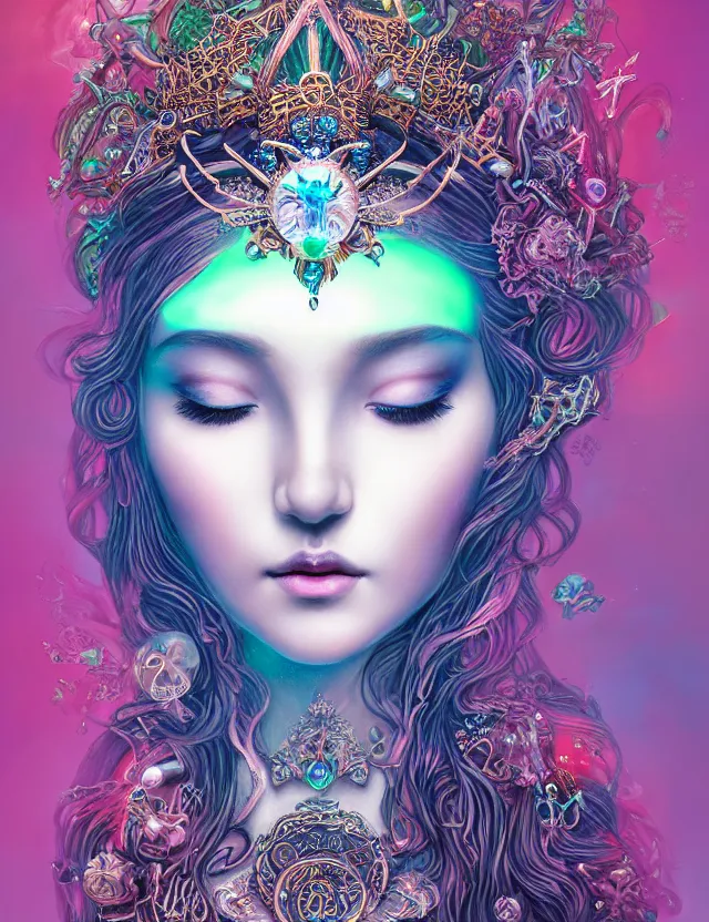 Prompt: goddess portrait by jessica oyhenart in crown made of skull, bioluminiscent, plasma, ice, water, wind, whimmy, super intricate ornaments artwork by 翼 次 方 cg