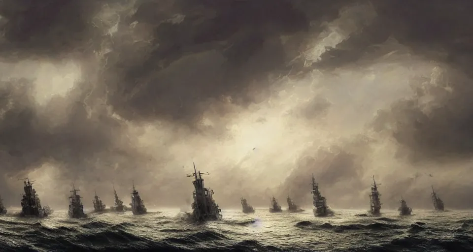 Prompt: fleet of giant sailing battleships, raging sea foggy, dramatic, action scene, lightningstorm background, shipfleet on the horizon, high detail, greg rutkowski, james gurney, gene wolfe, gustave dore, jesper ejsing, rhads, makoto shinkai, ilya kuvshinov