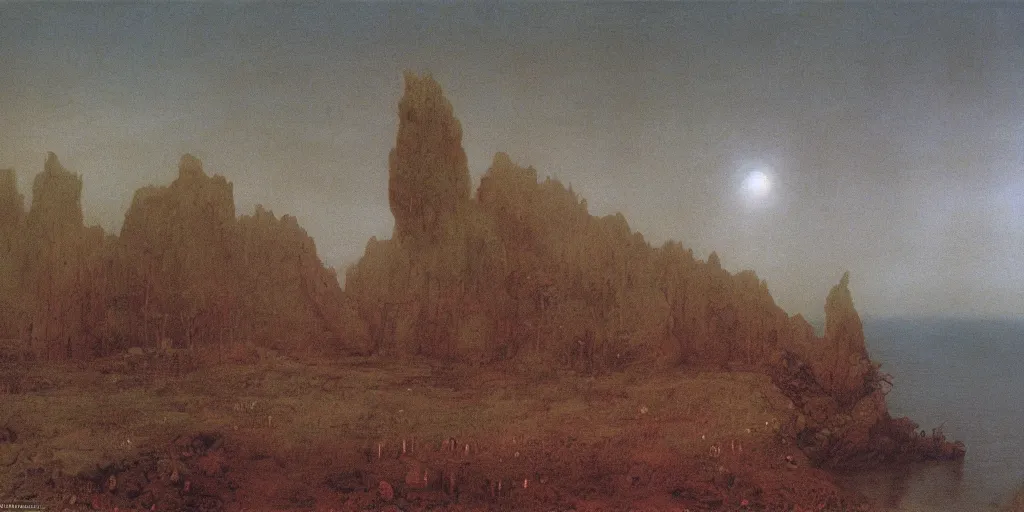 Image similar to Isle of the dead by Arnold Böcklin painted by Zdzisław Beksiński, global illumination, radiant light, detailed and intricate environment