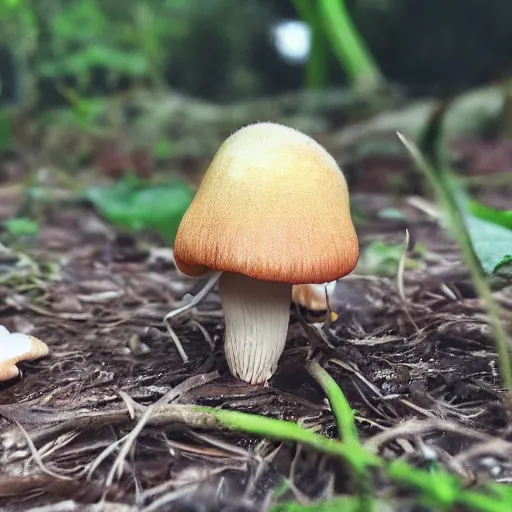 Image similar to real iphone photo of a carnivore mushroom with teeth, few insects corpses next to it