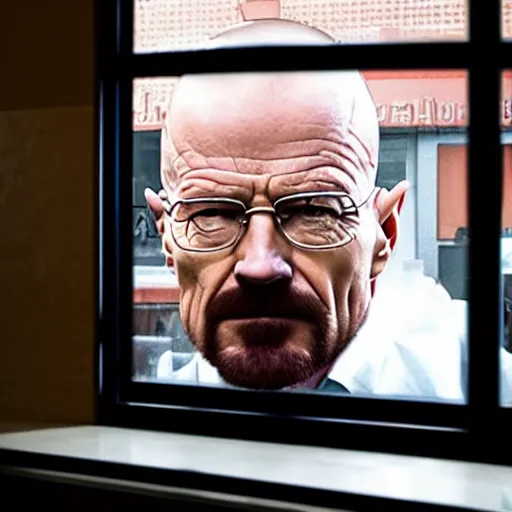 Prompt: walter white at mcdonalds window, serving food