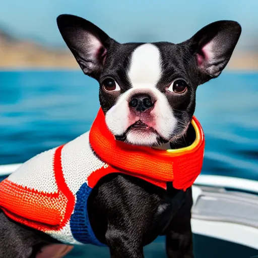 Image similar to a closeup photorealistic photograph of a cute smiling knitted boston terrier dog dressed in a life vest on a pontoon boat. professional capture, well lit shot. this 4 k hd image is trending on artstation, featured on behance, well - rendered, extra crisp, features intricate detail, epic composition and the style of unreal engine.