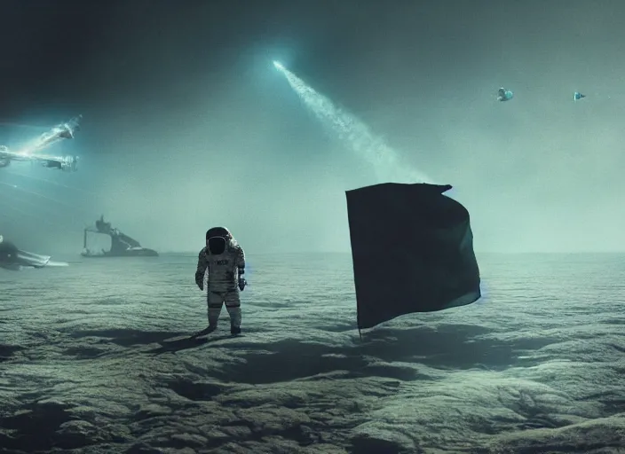 Image similar to astronaut holding a flag in an underwater desert. a submarine is visible in the distance. dark, concept art, cinematic, dramatic, atmospheric, 8 k, trending on artstation, blue, fish, low visibility, light rays, extremely coherent, bubbles, fog, ocean floor, christopher nolan, interstellar