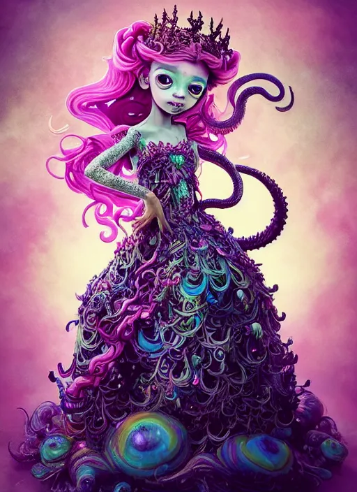 Image similar to A full body shot of a cute and mischievous young monster princess wearing an ornate gown. Covered in barnacles and tentacles. Dynamic Pose. Quinceanera dress. Rainbow palette. rainbowcore. Eldritch Beauty. defined facial features, symmetrical facial features. Opalescent surface. beautiful lighting. By Ruan Jia and Artgerm and Range Murata and WLOP and Ross Tran and William-Adolphe Bouguereau. Key Art. realistic, Hyperdetailed. Fantasy Illustration. Masterpiece. artstation, award winning, sharp, details, HD, HDR, 4K, 8K.