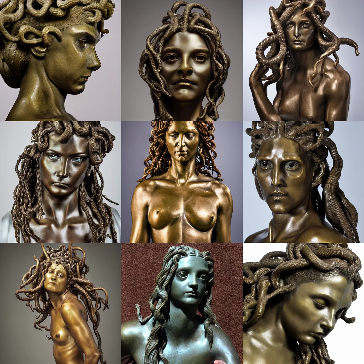 Prompt: full body bronze sculpture of medusa, renaissance style, sharp facial features, angry, professional photography, dynamic and dominant