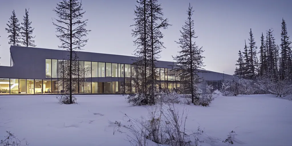 Prompt: a glass modern architecture mansion frozen snow alaska night architectural photography