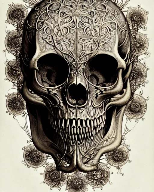 Image similar to art forms of nature by ernst haeckel, memento mori by arthur rackham, ornate antique porcelain beautiful skull mask, ultrasharp, photorealistic, hyperdetailed, octane render, polished, art nouveau, neo - gothic, gothic, intricate ornamental organic filigree, art nouveau botanicals, art forms of nature by ernst haeckel, horizontal symmetry, symbolist, visionary