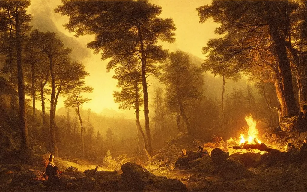 Image similar to campfire on the edge of a forest overlooking a beautiful valley at dusk, cinematic lighting, intricate ink illustration, by albert bierstadt