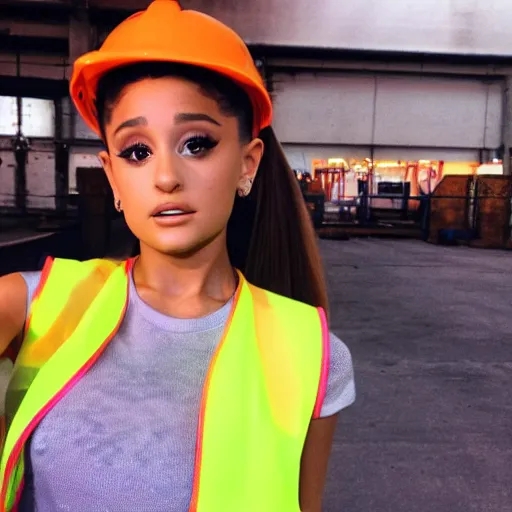 Image similar to photo, close up, ariana grande in a hi vis vest, in tyson slaughterhouse, android cameraphone, 2 6 mm,