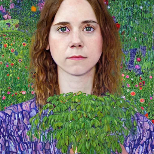 Prompt: a portrait of female asa Butterfield mixed with pam beesly, content, kind, slight smile, beautiful eyes, longer eyebrows, surrounded by plants, by gustav klimt