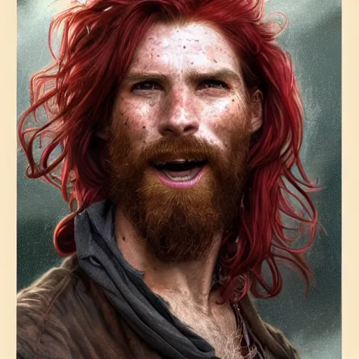 Prompt: portrait of a young ruggedly handsome but joyful pirate, faint freckles, male, masculine, upper body, red crimson crimson deep red hair, long long flowing hair, fantasy, proud smirk, intricate, elegant, highly detailed, digital painting, artstation, concept art, matte, sharp focus, illustration, art by artgerm and greg rutkowski and alphonse mucha