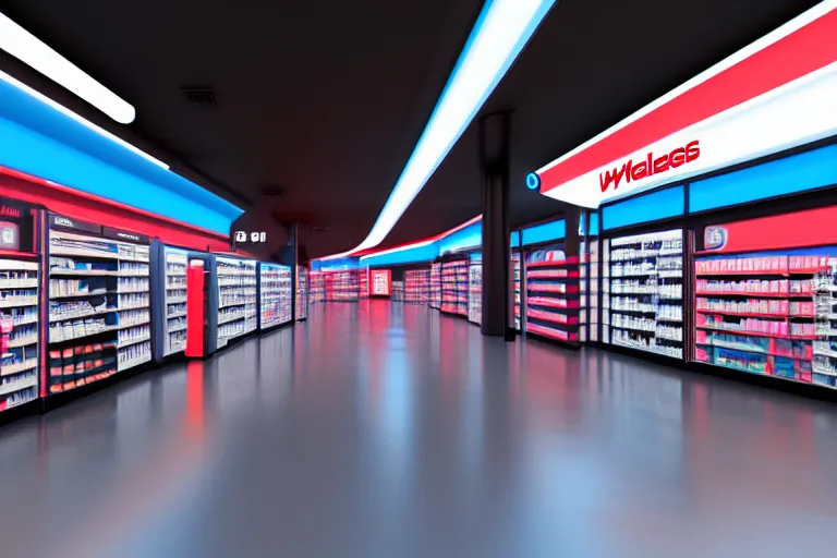 Image similar to a futuristic Walgreens Store, Blade Runner 2049 colors, hyper realistic, cinematic atmosphere, industrial architecture, Octane render, realistic 3D, photorealistic rendering, 8K, intricate details