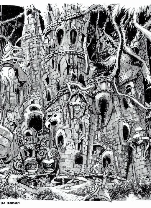 Image similar to detailed comic book drawing of a fantasy castle in the jungle by randy vargas and simon bisley and jack kirby