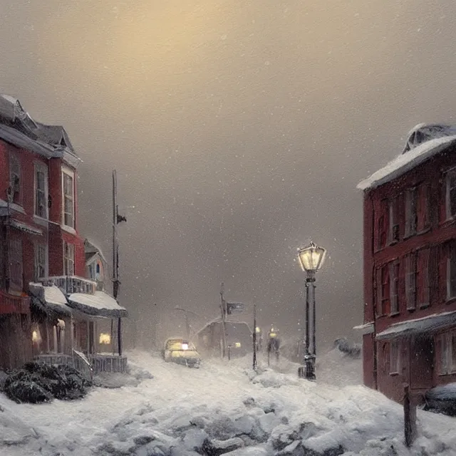 Image similar to a beautiful painting of a small new england town engulfed in a noreaster blizzard by rutkowski and rockwell, white out blizzard, horror concept art, detailed, art gallery quality, cinematic lighting