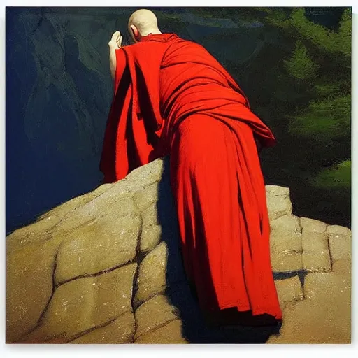 Prompt: sienna portrait of the astute monk crimson robe climbing the treacherous mountain stairway to the monastery jamie wyeth james gilleard edward hopper greg rutkowski acrylic painting